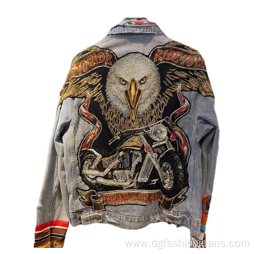 Washed Embroidery Men's Motorcycle Denim Jacket